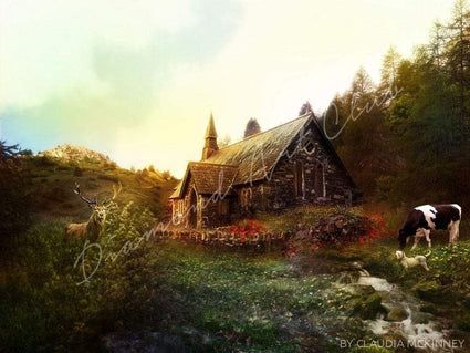 Diamond Painting Country Church Round With Aurora Borealis Accents / 12.6" x 16.5" (32cm x 42cm) / 37 Colors including 1 AB