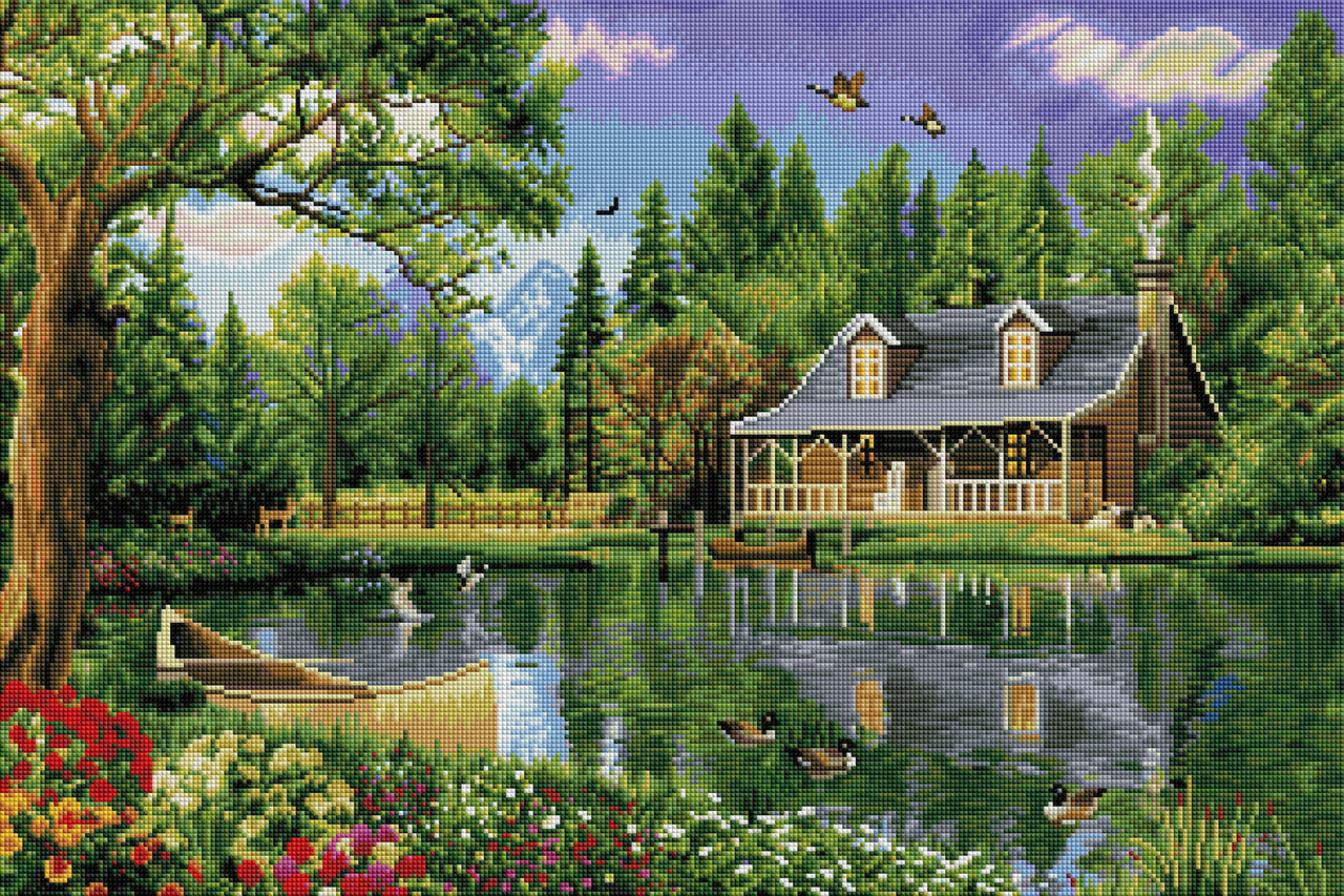 Diamond Painting Crystal Lake Cabin 30" x 20" (76cm x 51cm) / Square With 48 Colors Including 2 ABs / 60,003
