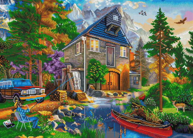 Diamond Painting Day Fishing at the Mill 33.1" x 23.6" (84cm x 60cm) / Square with 73 Colors including 5 ABs / 80,880