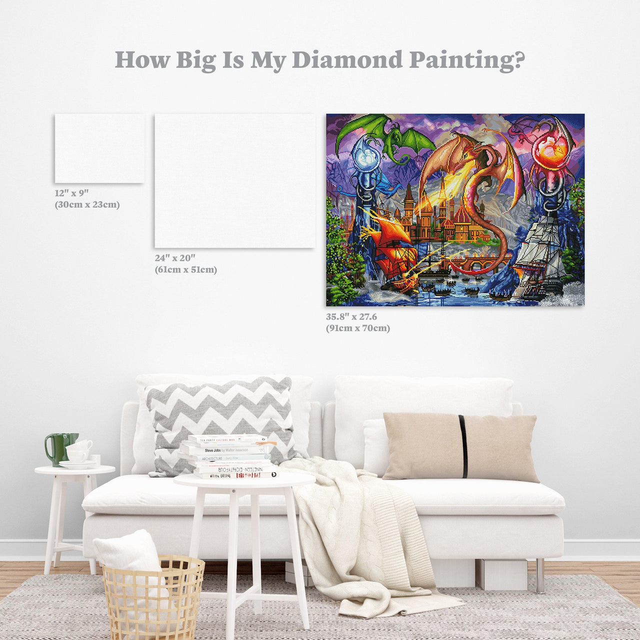 Diamond Painting Dragon Attack 35.8" x 27.6″ (91cm x 70cm) / Square with 67 Colors including 3 ABs / 99,996