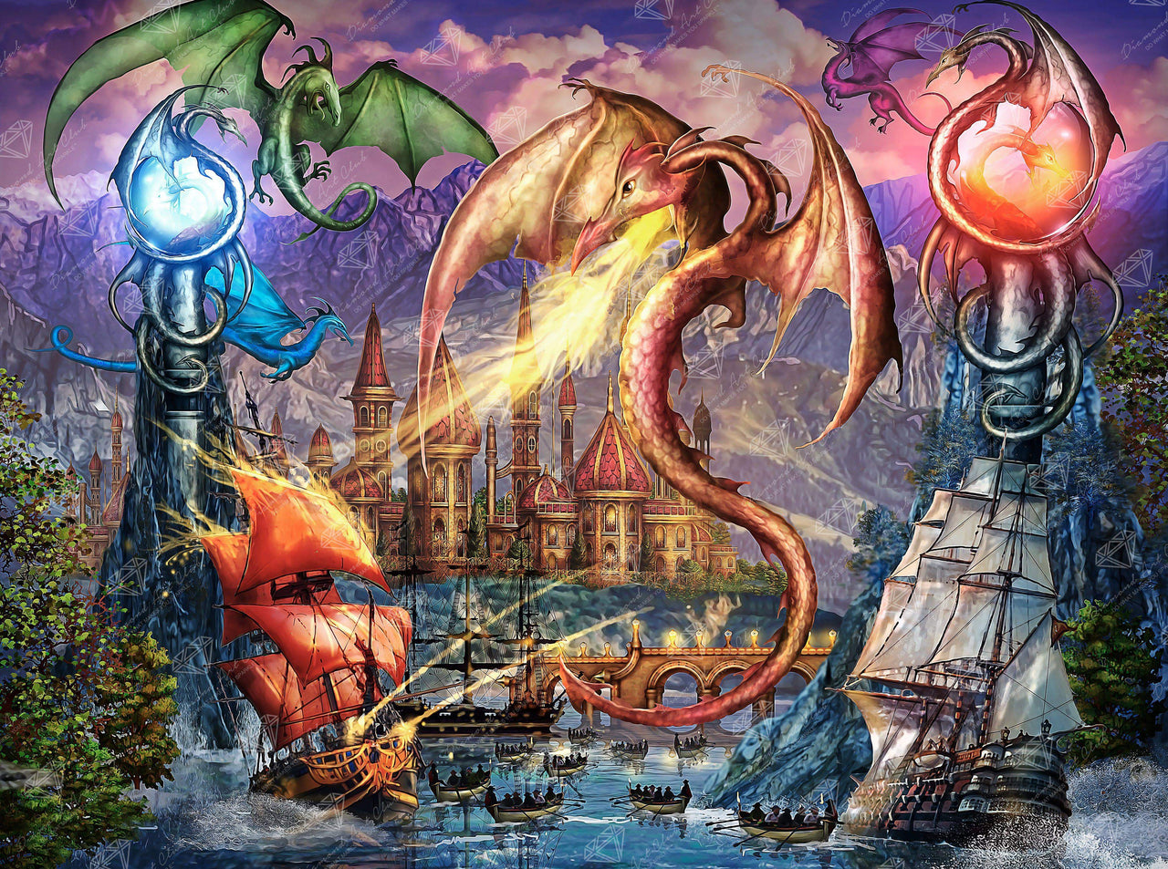 Diamond Painting Dragon Attack 35.8" x 27.6″ (91cm x 70cm) / Square with 67 Colors including 3 ABs / 99,996