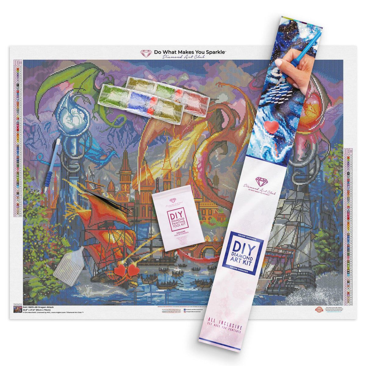 Diamond Painting Dragon Attack 35.8" x 27.6″ (91cm x 70cm) / Square with 67 Colors including 3 ABs