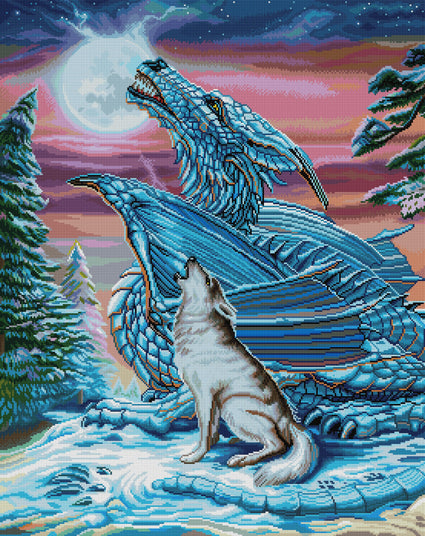 Diamond Painting Dragon Wolf Moon (Moon Song) 27.6" x 34.7" (70cm x 88cm) / Square with 62 Colors including 4 ABs / 96673