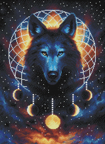 Diamond Painting Dreamcatcher Wolf 16.5" x 22.4" (42cm x 57cm) / Round With 28 Colors Including 1 AB and 1 Special Diamond / 29,279