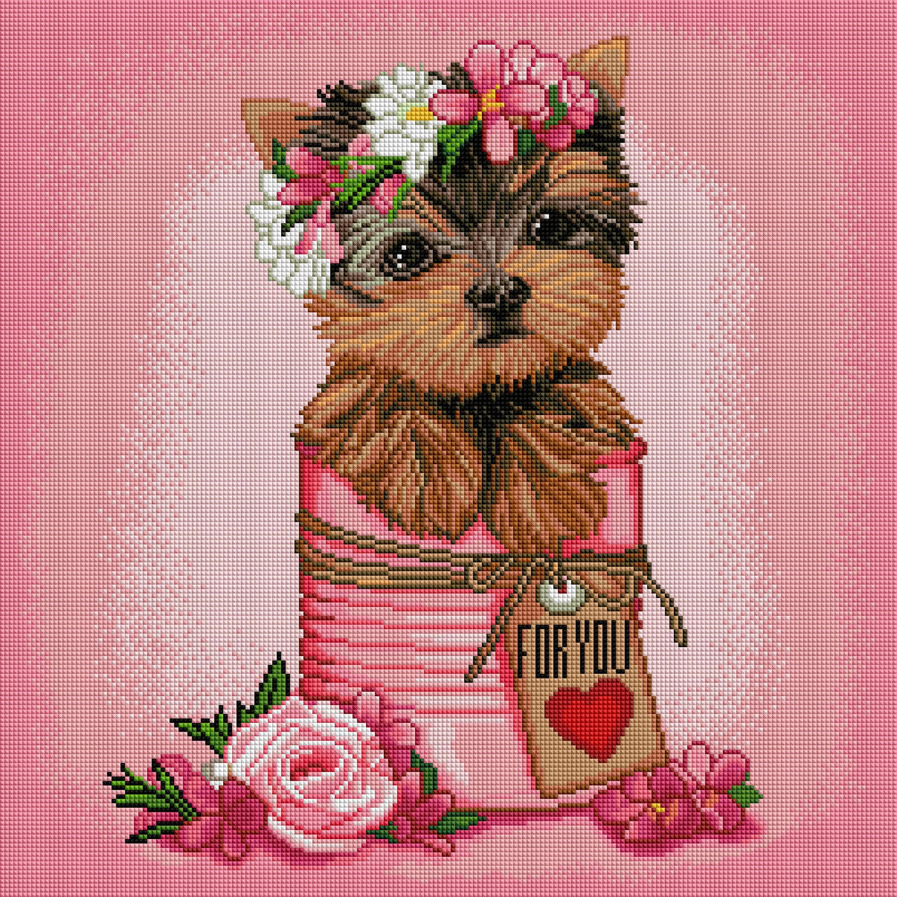 Diamond Painting Floral Yorkie Puppy 20" x 20" (51cm x 51cm) / Square with 36 Colors including 4 ABs / 40,401