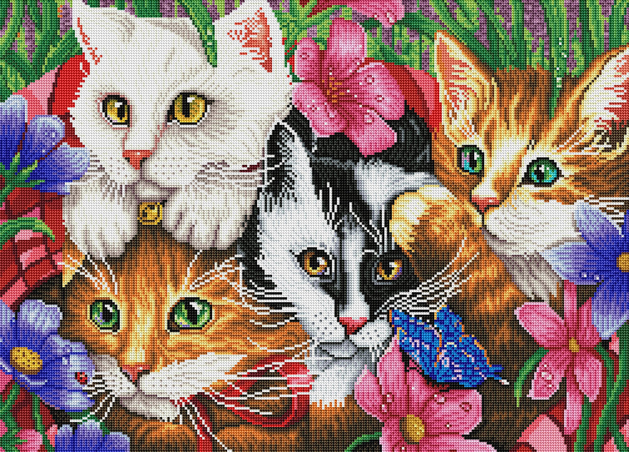 Diamond Painting Flowerbed Kittens 28" x 20" (70.6cm x 50.7cm) / Round with 63 Colors including 4 ABs / 45,612