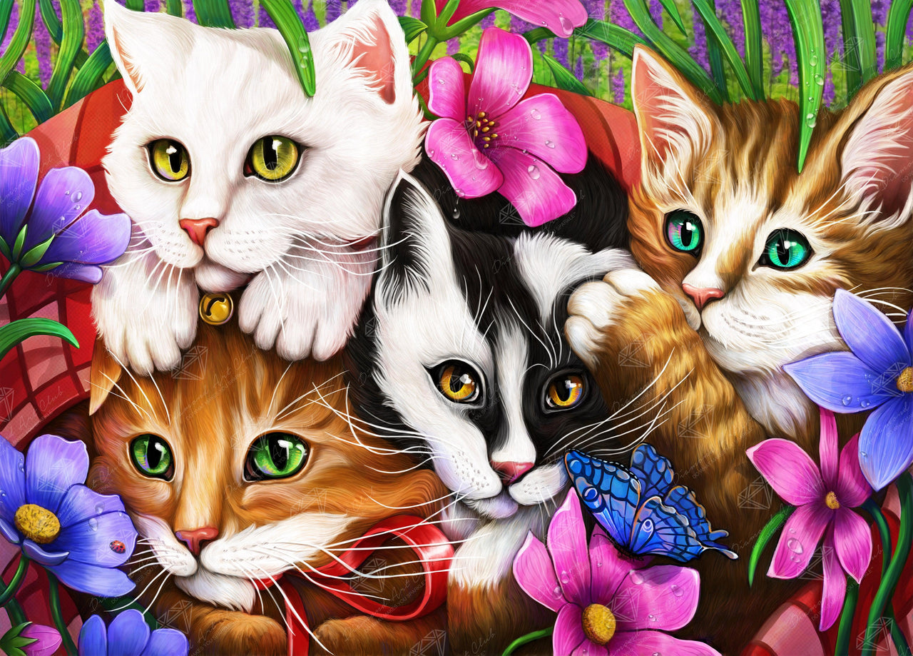 Diamond Painting Flowerbed Kittens 28" x 20" (70.6cm x 50.7cm) / Round with 63 Colors including 4 ABs / 45,612