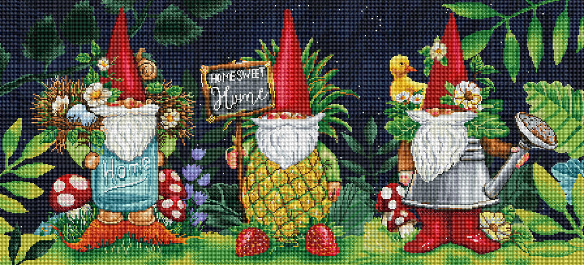 Diamond Painting Gnome Trio 44" x 20" (112cm x 51cm) / Square with 58 Colors including 4 ABs / 91,392