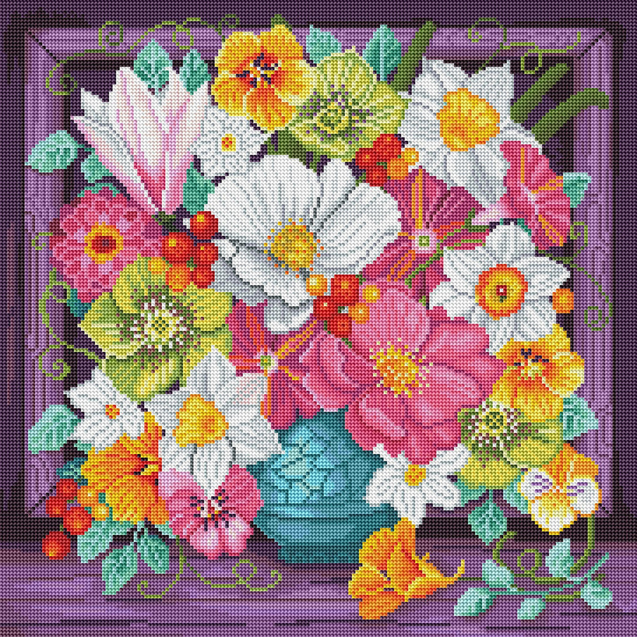 Diamond Painting Happy Flowers Blue Vase 20" x 20" (50.7cm x 50.7cm) / Round with 52 Colors including 5 ABs / 32,761