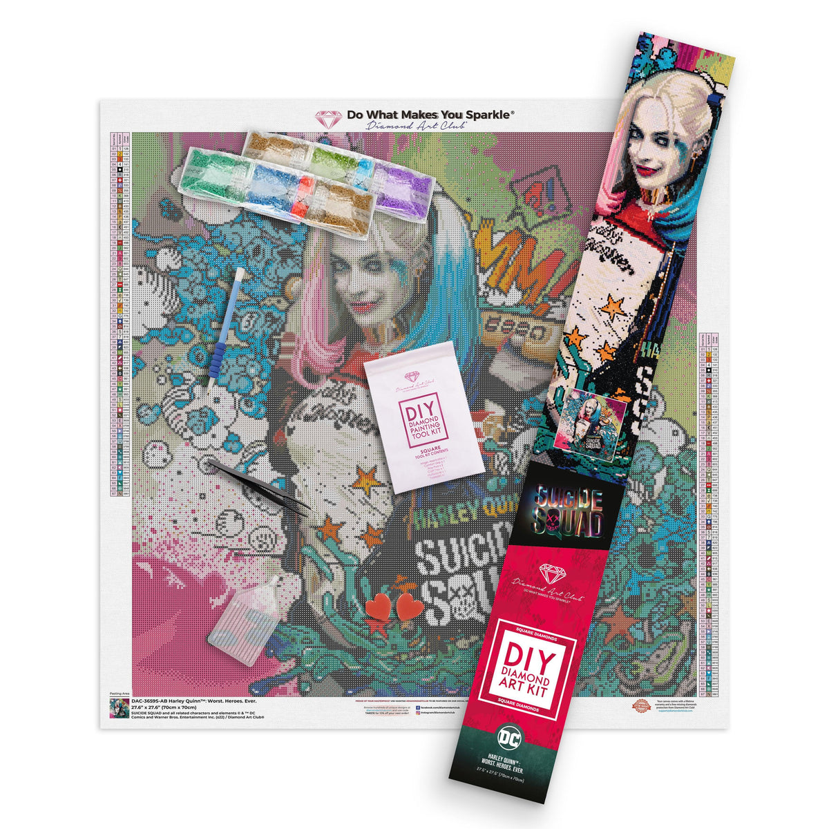 Diamond Painting Harley Quinn™: Worst. Heroes. Ever. 27.6" x 27.6″ (70cm x 70cm) / Square With 67 Colors Including 4 ABs / 76,729