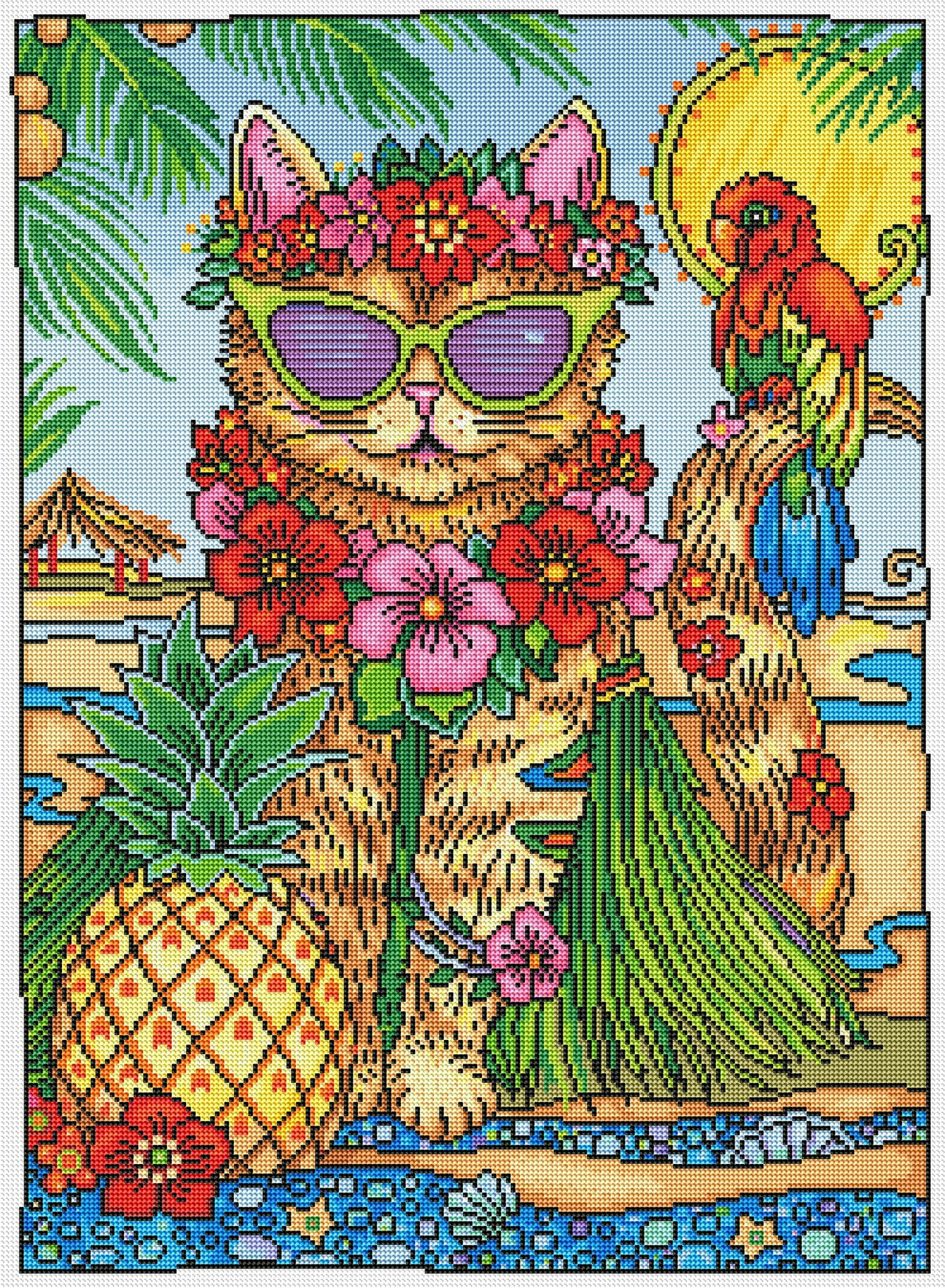 Diamond Painting Hawaiian Cat 22" x 30″ (56cm x 76cm) / Round with 41 Colors including 2 ABs / 53,460