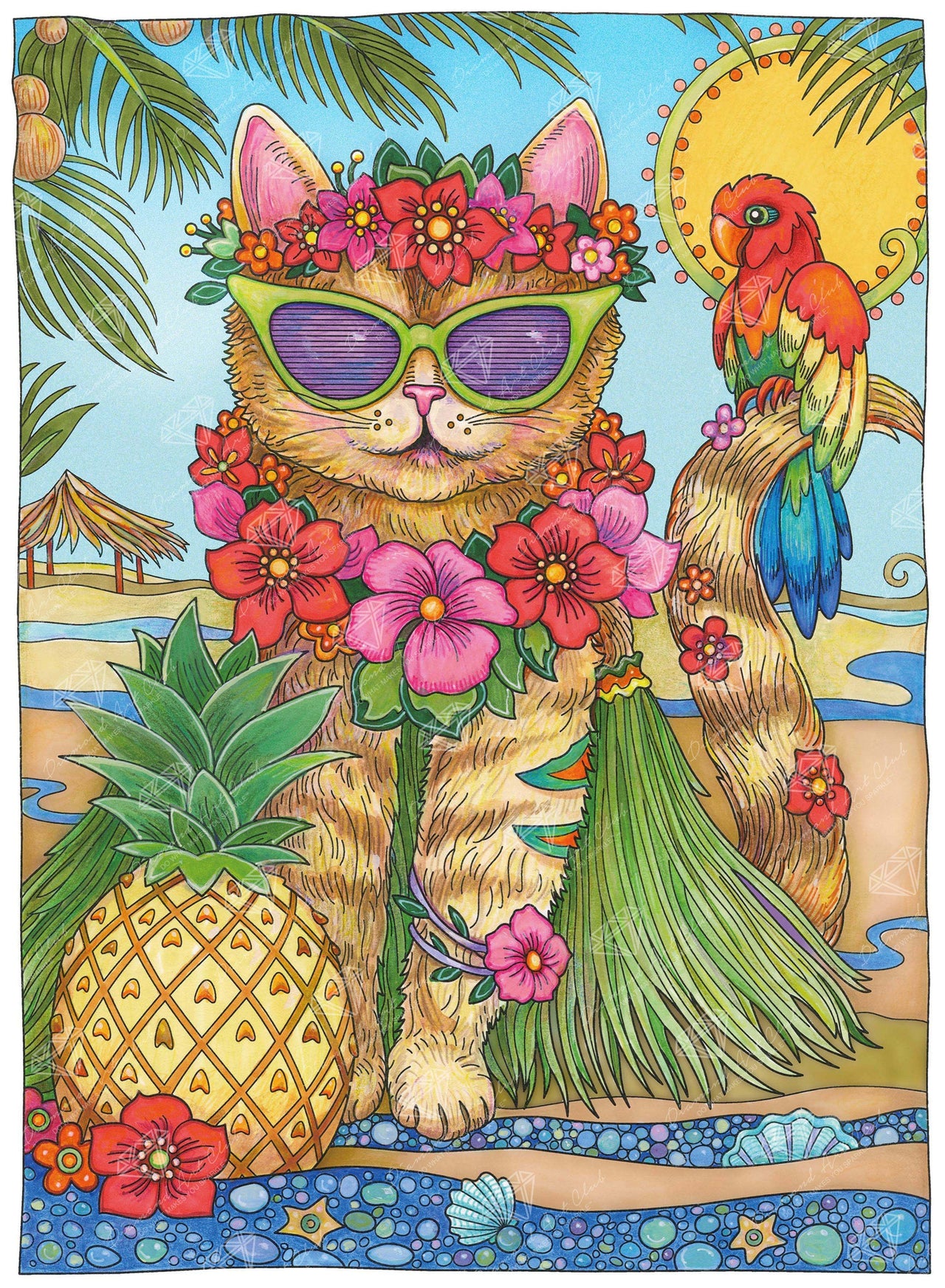 Diamond Painting Hawaiian Cat 22" x 30″ (56cm x 76cm) / Round with 41 Colors including 2 ABs / 53,460