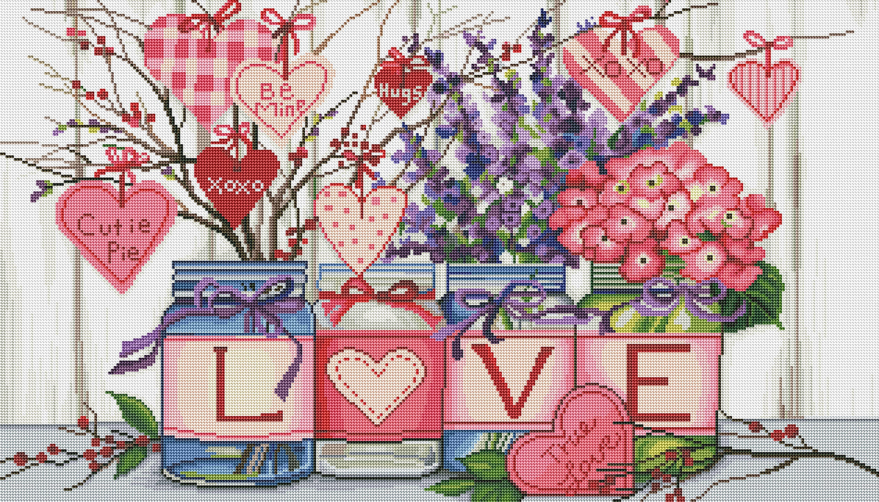 Diamond Painting Heart Flower Jars 35" x 20″ (89cm x 51cm) / Round with 53 Colors including 3 ABs / 57,376