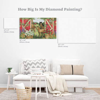 Diamond Painting Horses Red Barn 35" x 20″ (89cm x 51cm) / Square with 44 Colors including 2 ABs