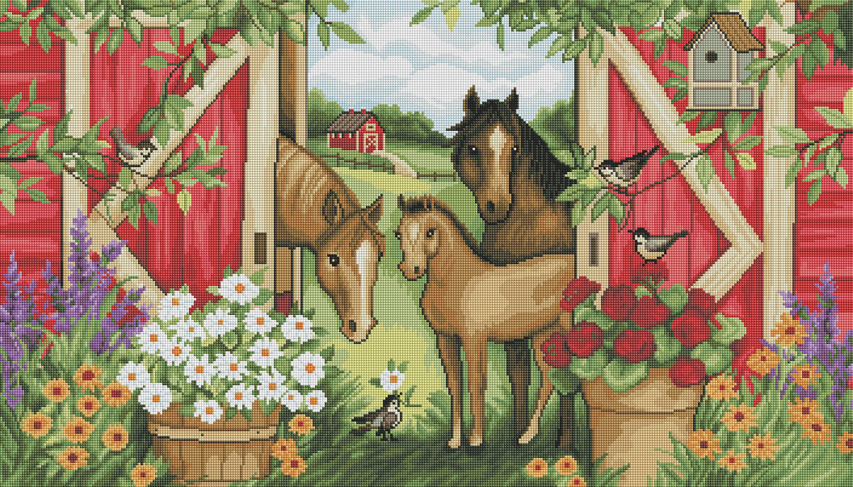 Diamond Painting Horses Red Barn 35" x 20″ (89cm x 51cm) / Square with 44 Colors including 2 ABs / 70,750