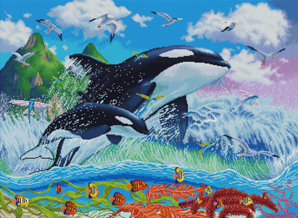 Diamond Painting Jumping Orcas 35" x 25.6" (89cm x 65cm) / Square With 60 Colors Including 5 ABs / 93,177