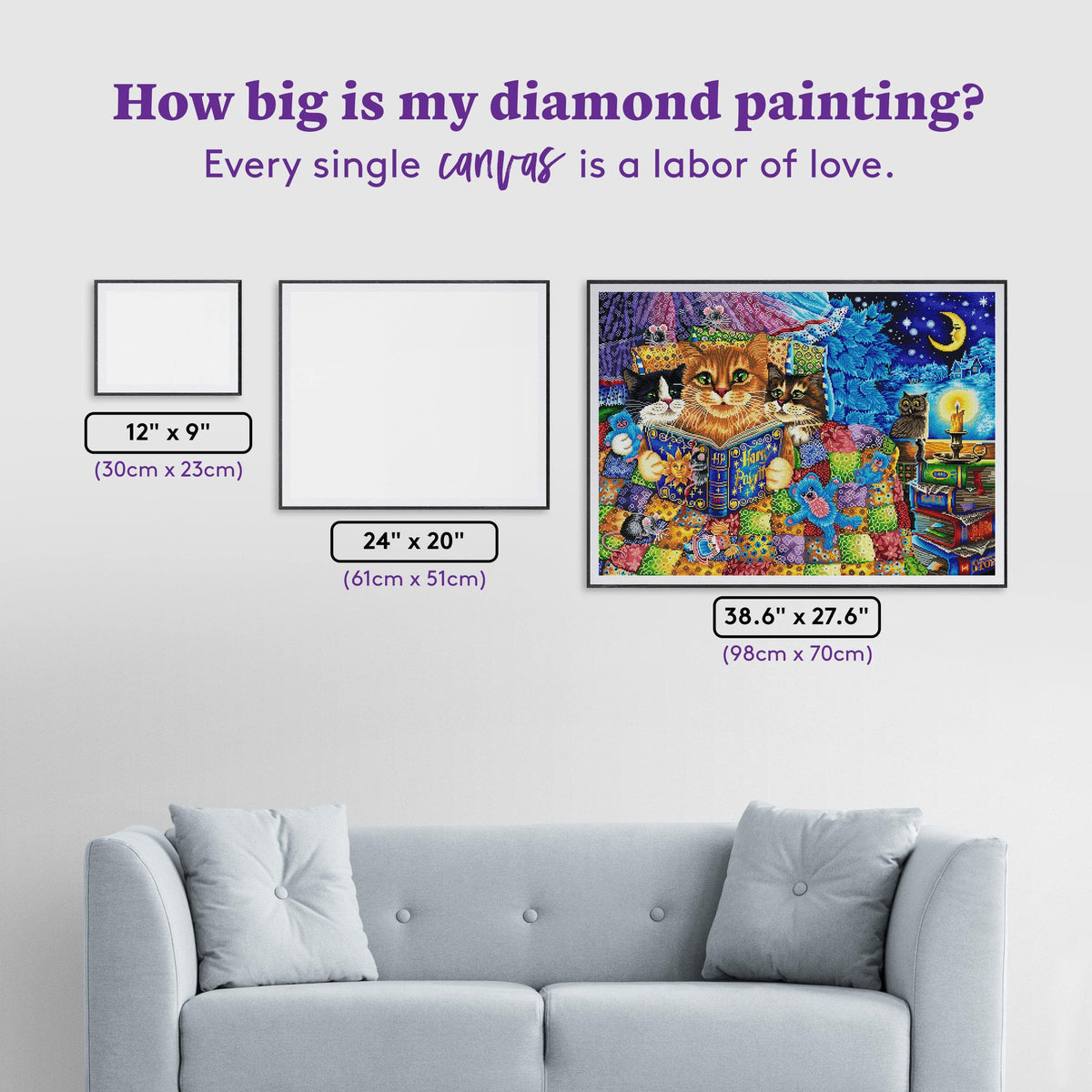 Diamond Painting Kitten Bedtime Stories 38.6" x 27.6" (98cm x 70cm) / Square with 61 Colors including 4 ABs and 1 Iridescent Diamonds / 110,433