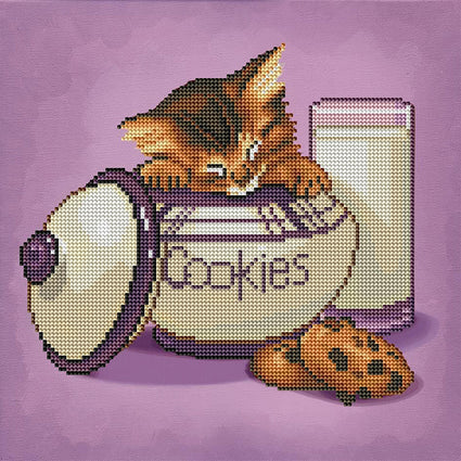 Diamond Painting Kitten & Cookies 13" x 13″ (33cm x 33cm) / Round with 22 Colors including 2 ABs / 6,330