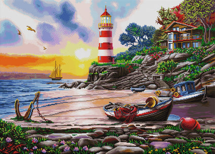 Diamond Painting Lighthouse & Boat 35.8" x 25.6" (91cm x 65cm) / Square with 67 Colors including 5 ABs / 95,265