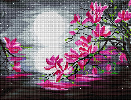 Diamond Painting Magnolia Moon 22" x 17" (55.8cm x 42.6cm) / Round With 34 Colors Including 2 ABs and 1 Fairy Dust Diamonds / 30,248
