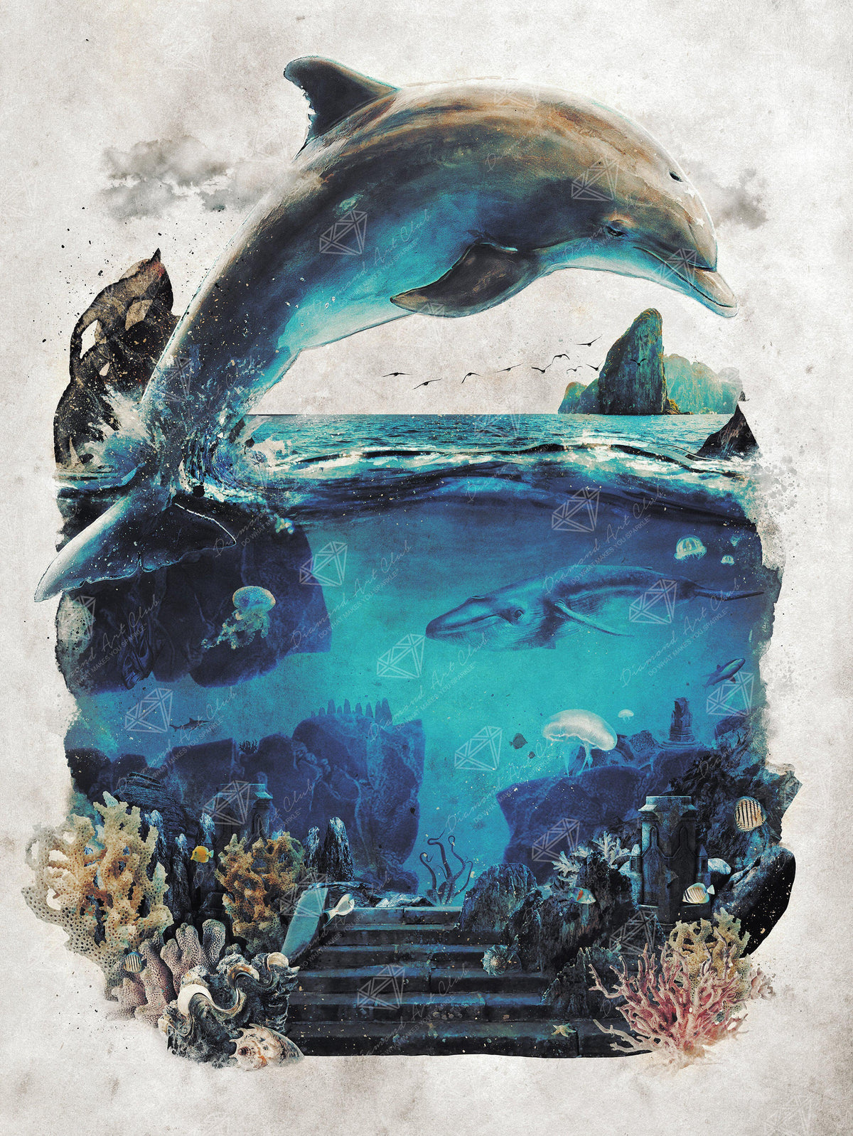 Diamond Painting Ocean Dolphin 27.6" x 37.6" (70cm x 93cm) / Square With 49 Colors Including 6 ABs / 102,213