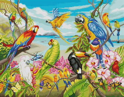 Diamond Painting Parrots in Paradise 28" x 22" (71cm x 56cm) / Square with 63 Colors including 5 ABs / 62,101
