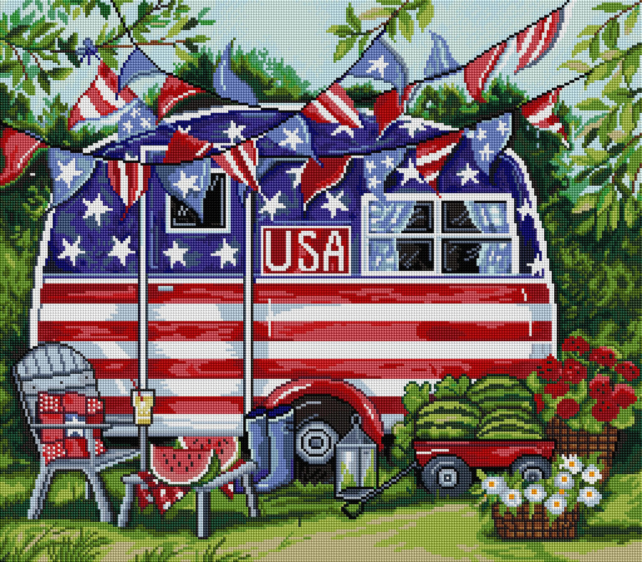 Diamond Painting Patriotic Camper 25" x 22" (64cm x 56cm) / Square with 43 Colors including 4 ABs / 57,344