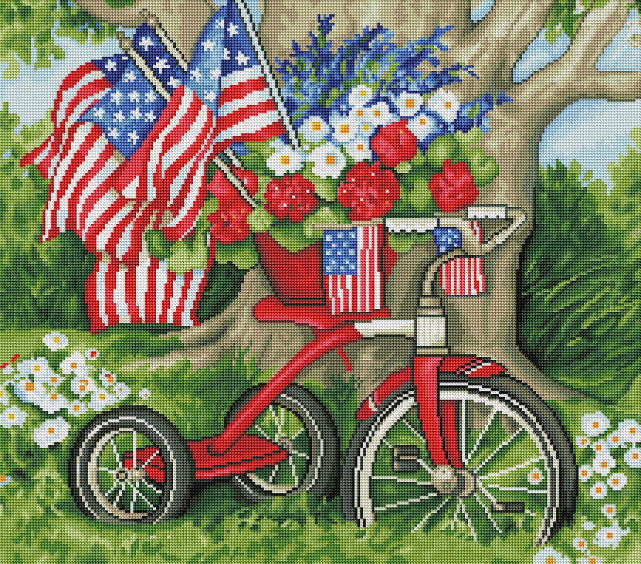 Diamond Painting Patriotic Tricycle 25" x 22″ (64cm x 56cm) / Round with 38 Colors including 2 ABs / 44,975