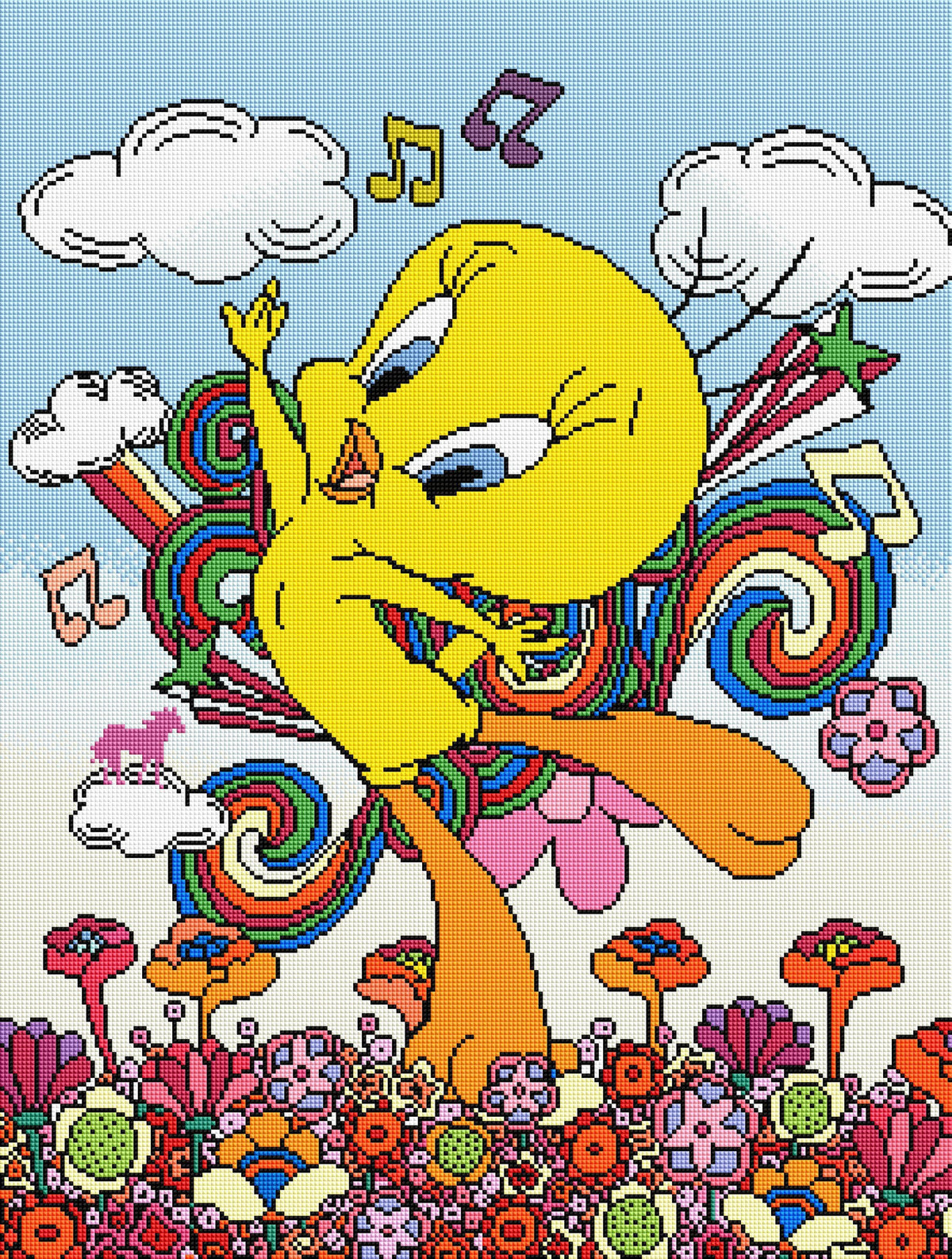 Diamond Painting Psychedelic Dancing Tweety 22" x 29" (56cm x 74cm) / Square With 35 Colors Including 3 ABs / 64,532
