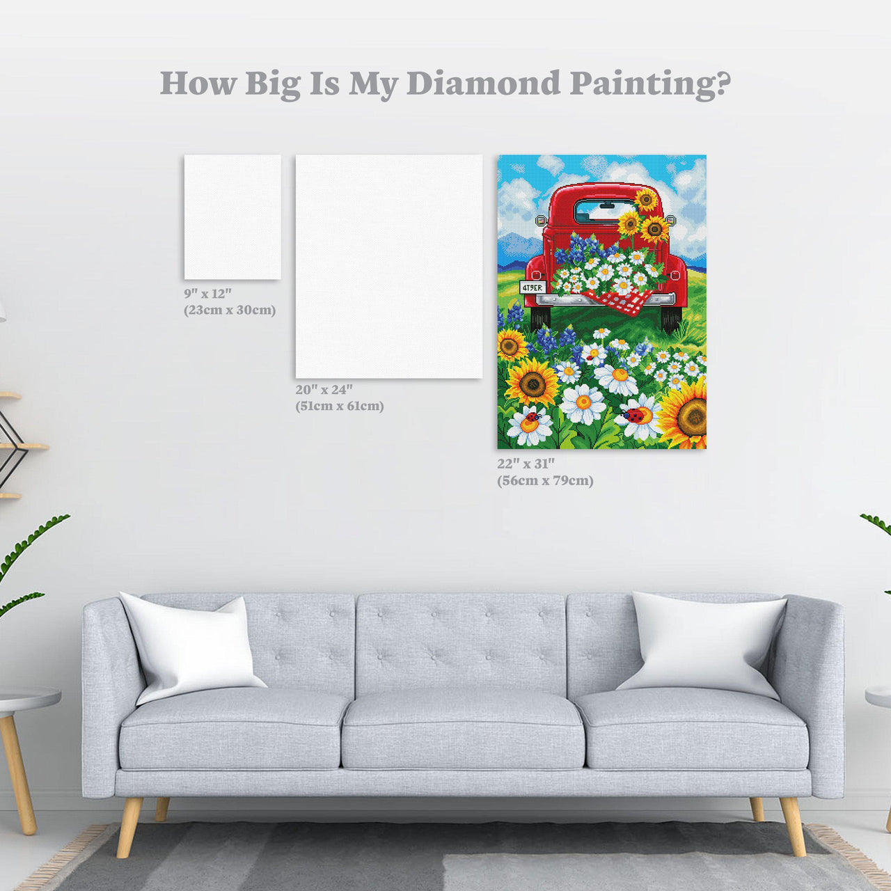 Diamond Painting Red Truck Daisy Hill 22" x 31″ (56cm x 79cm) / Square with 46 Colors including 2 ABs