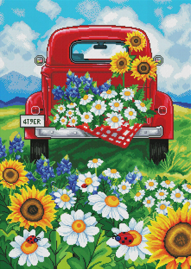 Diamond Painting Red Truck Daisy Hill 22" x 31″ (56cm x 79cm) / Square with 46 Colors including 2 ABs / 68,952
