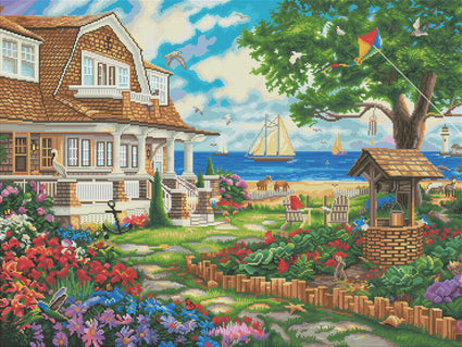 Diamond Painting Sea Garden Cottage 36.6" x 27.6" (93cm x 70cm) / Square With 61 Colors Including 4 ABs / 102,213