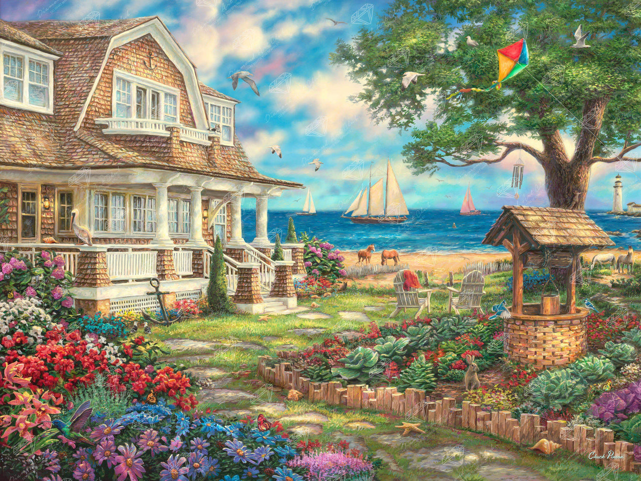 Diamond Painting Sea Garden Cottage 36.6" x 27.6" (93cm x 70cm) / Square With 61 Colors Including 4 ABs / 102,213