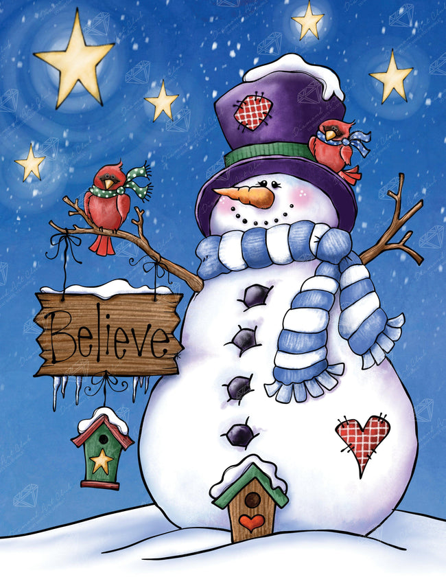 Diamond Painting Snowman Believe 22" x 29″ (56cm x 74cm) / Round with 40 Colors including 5 ABs and 1 Glow-in-the-Dark / 52,138