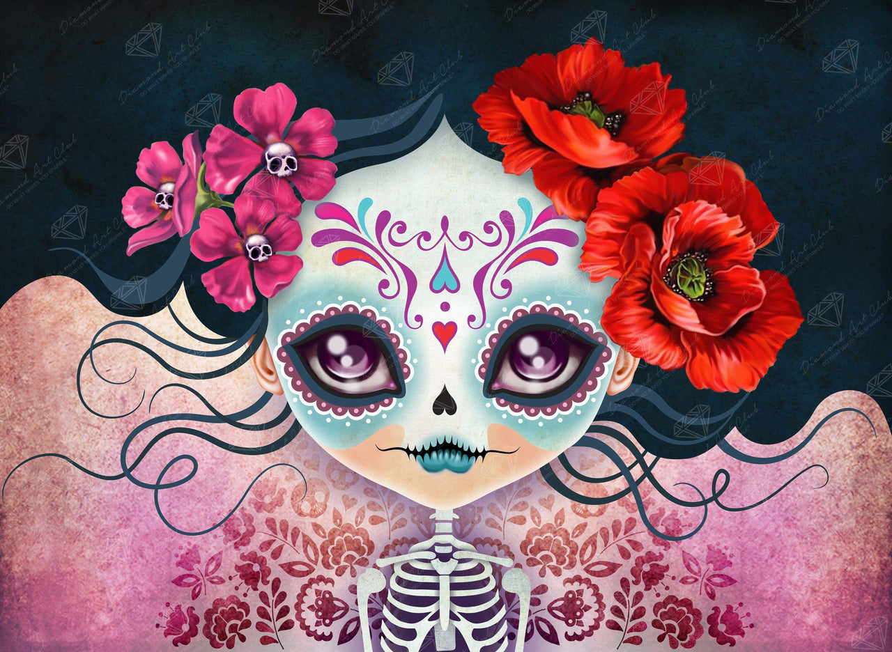 Diamond Painting Sugar Skull Amelia 30" x 22″ (76cm x 56cm) / Round with 66 Colors including 4 ABs / 54,128