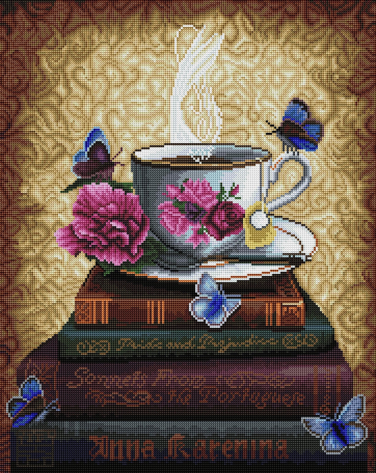 Diamond Painting Tea & Books 20" x 25" (51cm x 64cm) / Round With 57 Colors Including 3 ABs / 41,268