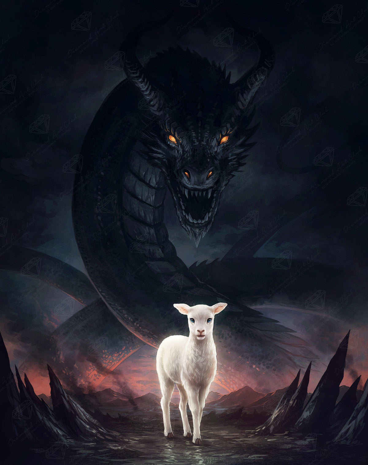 Diamond Painting The Lamb And The Dragon 16.5" x 20.9" (42cm x 53cm) / Round With 27 Colors Including 2 ABs / 27,676