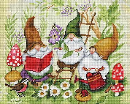 Diamond Painting Three Gnomes Gardening 19.6" x 15.7" (49.8cm x 39.8cm) / Round With 56 Colors Including 3 ABs / 25,276