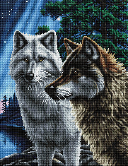 Diamond Painting Together Wolves 20" x 26" (50.7cm x 65.8cm) / Round with 44 Colors including 2 ABs and 1 Iridescent Diamonds and 1 Fairy Dust Diamonds / 42,535