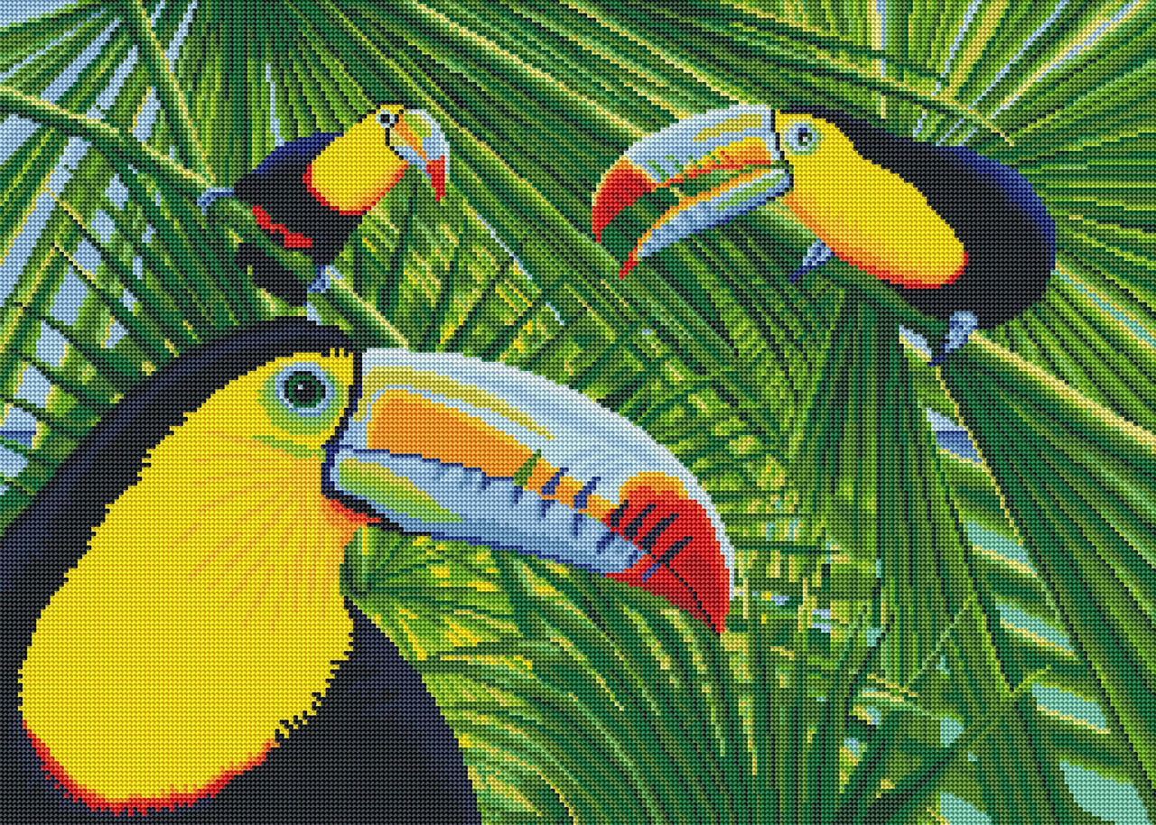 Diamond Painting Toucan Threesome 28″ x 20" (71cm x 51cm) / Round with 30 Colors including 1 AB / 45,360