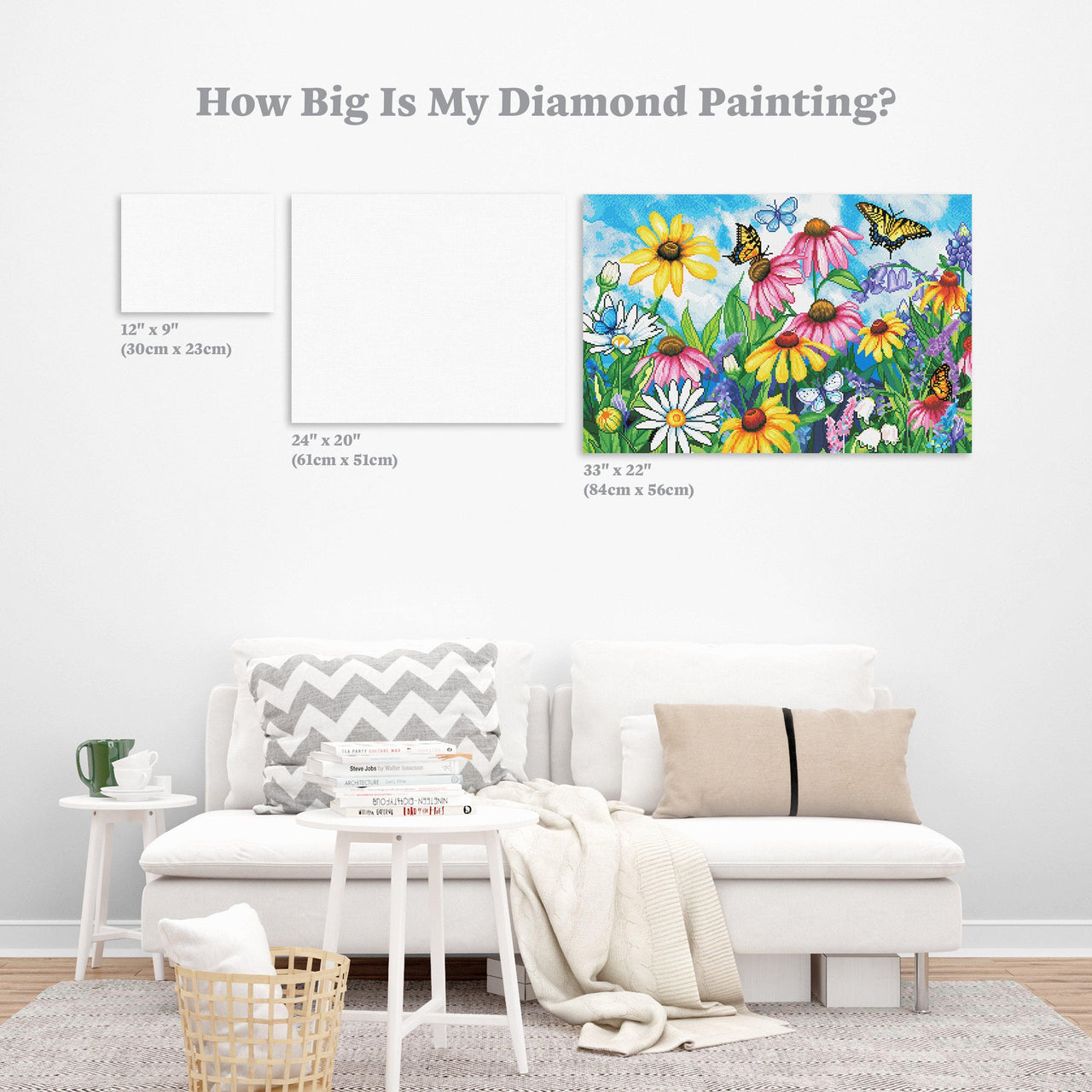 Diamond Painting Wildflowers Butterflies 33" x 22″ (84cm x 56cm) / Round with 54 Colors including 3 ABs / 59,501