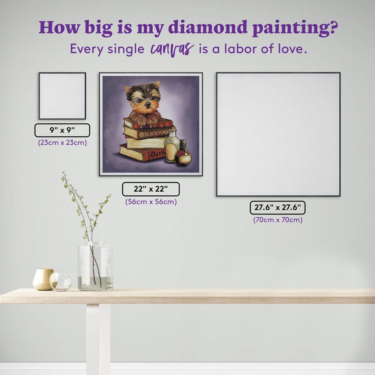 Diamond Painting Yorkie & Magic Books 22" x 22″ (56cm x 56cm) / Square with 38 Colors including 2 ABs / 18,546