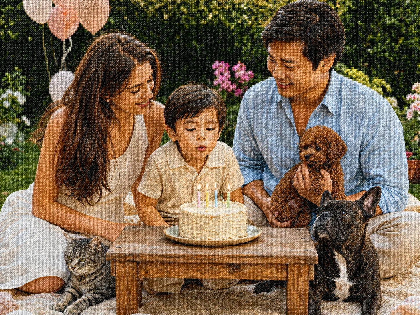 The same birthday celebration rendered as a larger, finely detailed square-drill diamond painting