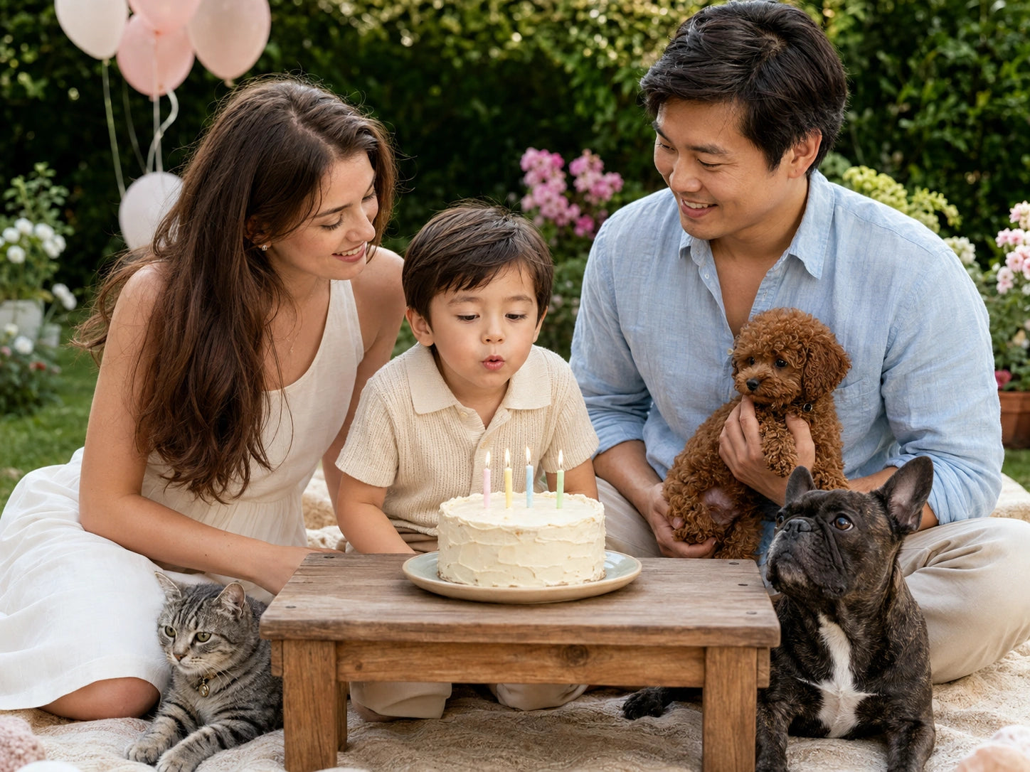 Illustrative photo of a family celebrating their child’s birthday outdoors with a tiny red poodle, brindle Frenchie and gray tabby cat